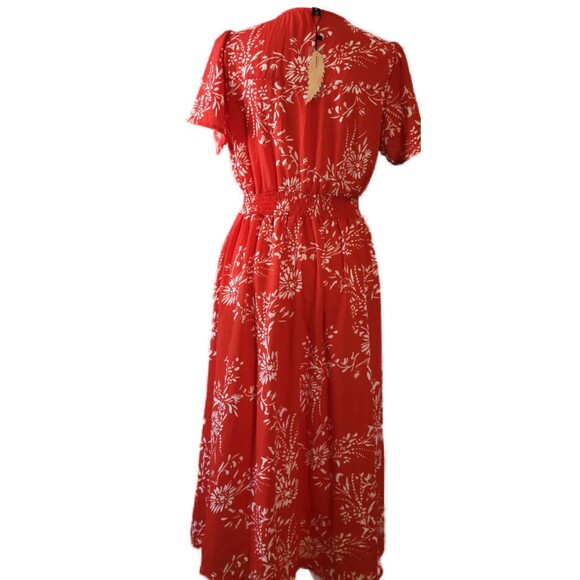 Floral Button Up Split Deep V Short Bell Sleeve Midi Dress with Pockets Sz M - Picture 4 of 8